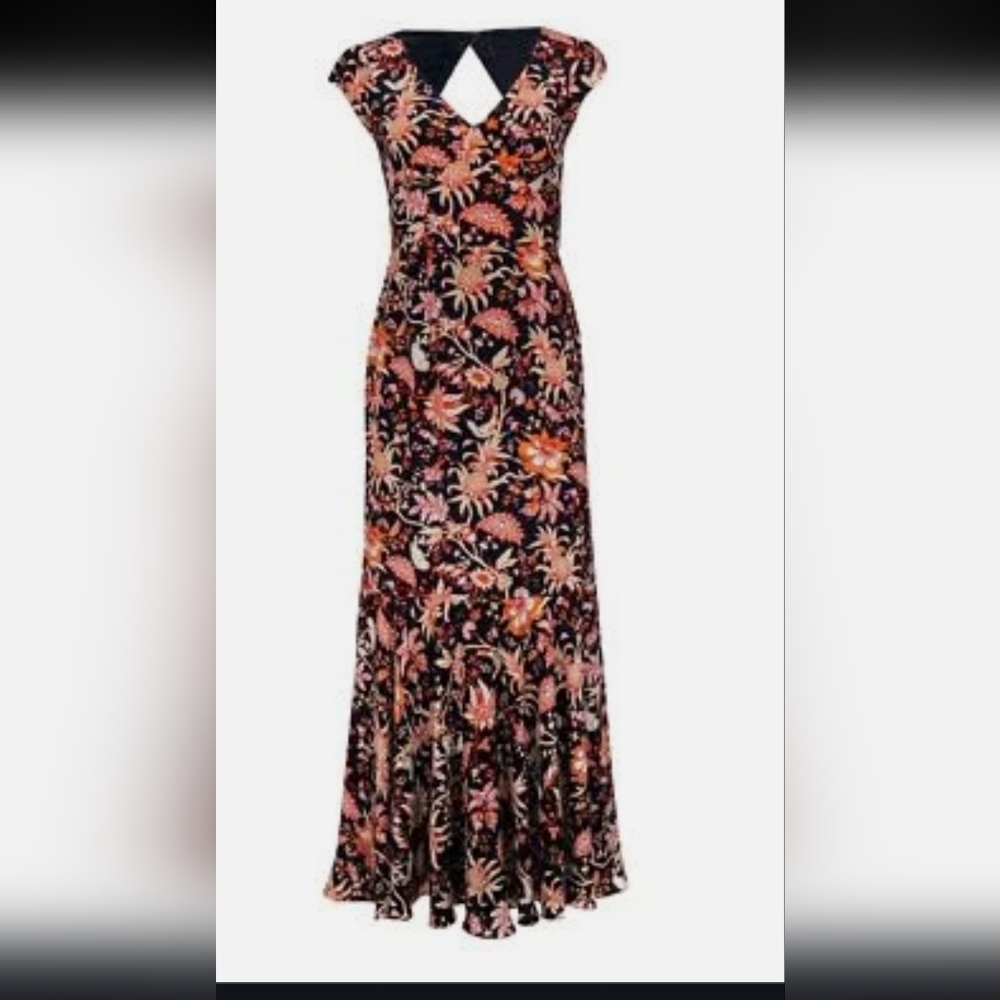 Leifsdottir Anthropologie 100%  Silk Floral Fluted Hem Cap Sleeves Maxi Dress